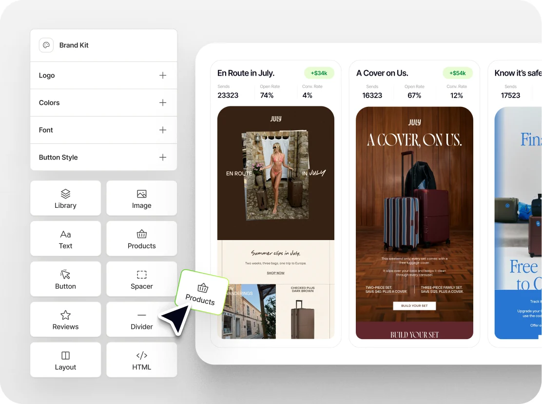 The Instant email editor showing a brand kit panel beside three campaign templates
