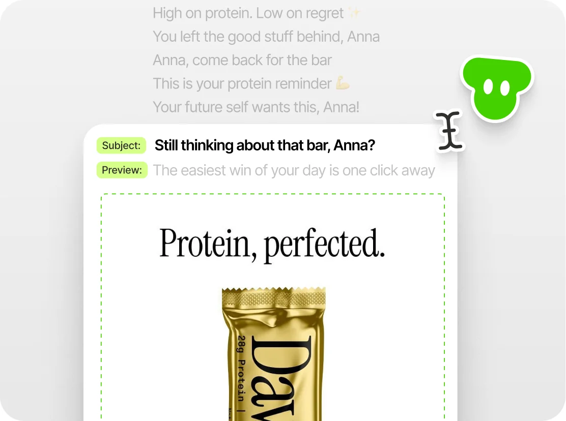 A list of AI-written subject lines above a protein bar email preview