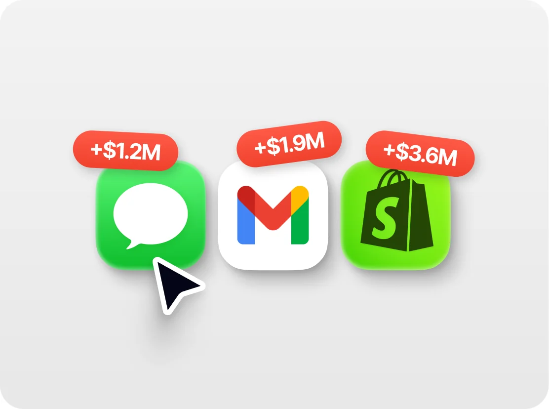 iMessage, Gmail and Shopify app icons tagged with the revenue each channel added